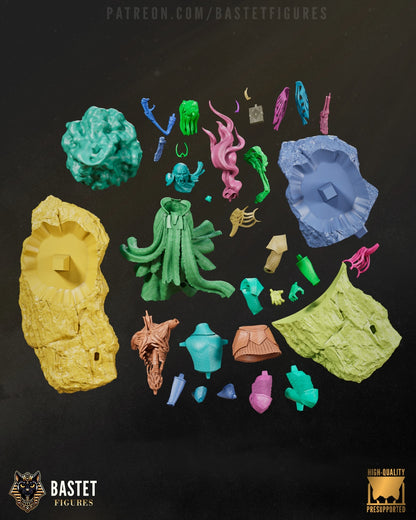 Vecna Forgotten Realms exploded parts layout for assembly showing base, robes, and magical effects