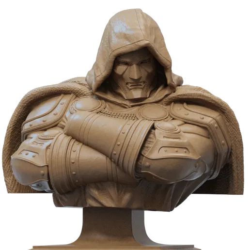 Dr. Doom bust figurine, showing detailed chest armor and signature hooded mask with arms crossed.