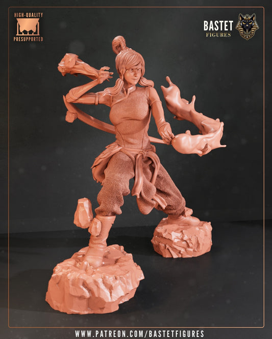 Full figure front view of Korra collectible in 1:8 scale, striking a bending pose with fire and water effects swirling around her hands, standing on rocky bases.