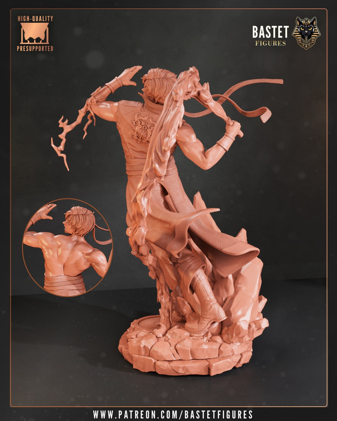 Richter Belmont Castlevania statue back view with flowing coat and whip curve.