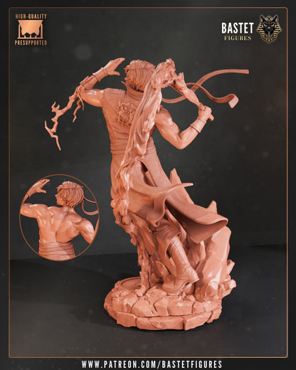 Richter Belmont Castlevania statue back view with flowing coat and whip curve.