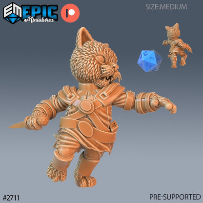 Depicts a Cat Folk warrior with a dagger in hand, posed for a swift attack. The figure features intricate armor detailing and a dynamic pose, perfect for D&D or similar fantasy RPGs.