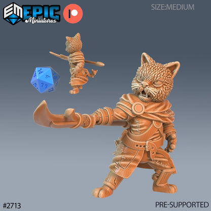 A Cat Folk warrior, gracefully wielding a spear with one hand. The model features leather armor details and a confident stance, adding to the collection of feline-themed fantasy TTRPG figures.