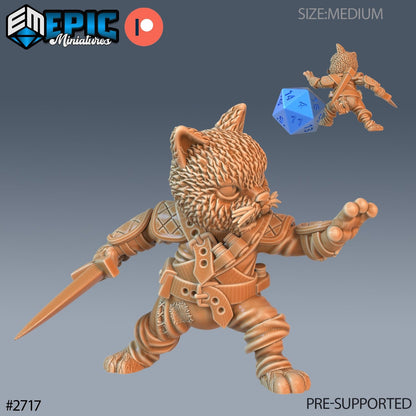 A feline warrior in an agile combat stance wielding a sword. The figure captures the determined expression and agile movement typical of the Cat Folk Tribe, suitable for fantasy TTRPG settings like Dungeons & Dragons or Pathfinder.