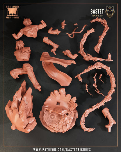 Richter Belmont Castlevania duel diorama gray render, posed against demonic enemy on rocky spiked base.