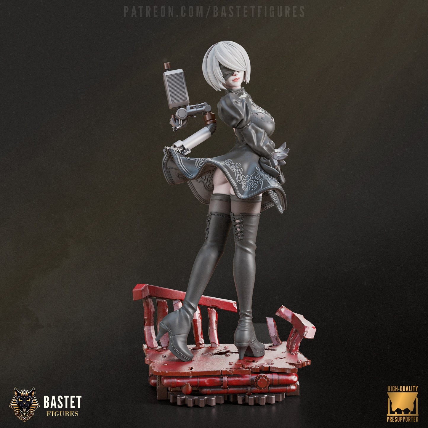 2B figure from Nier Automata standing in high heels on a ruined industrial base with skirt lifted by wind, holding support drone at her back.