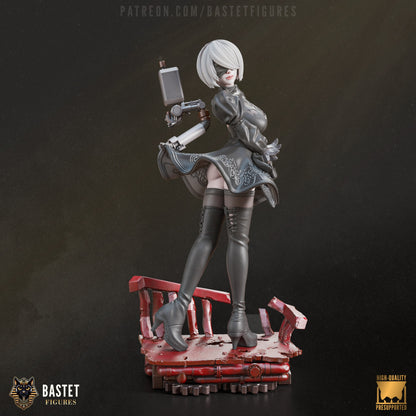 2B figure from Nier Automata standing in high heels on a ruined industrial base with skirt lifted by wind, holding support drone at her back.