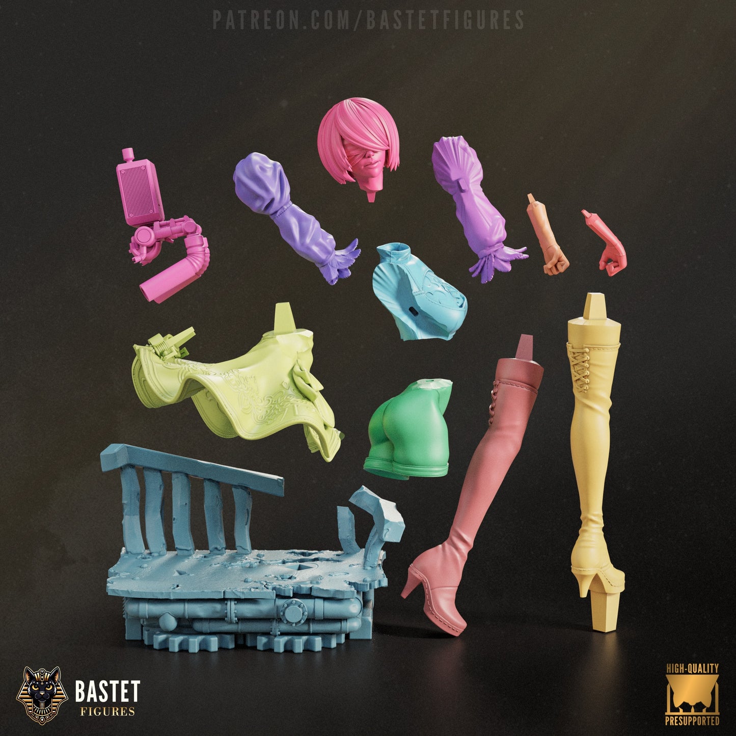 Disassembled colored kit of the full 2B statue showing individual pieces including limbs, skirt, head, and accessories.