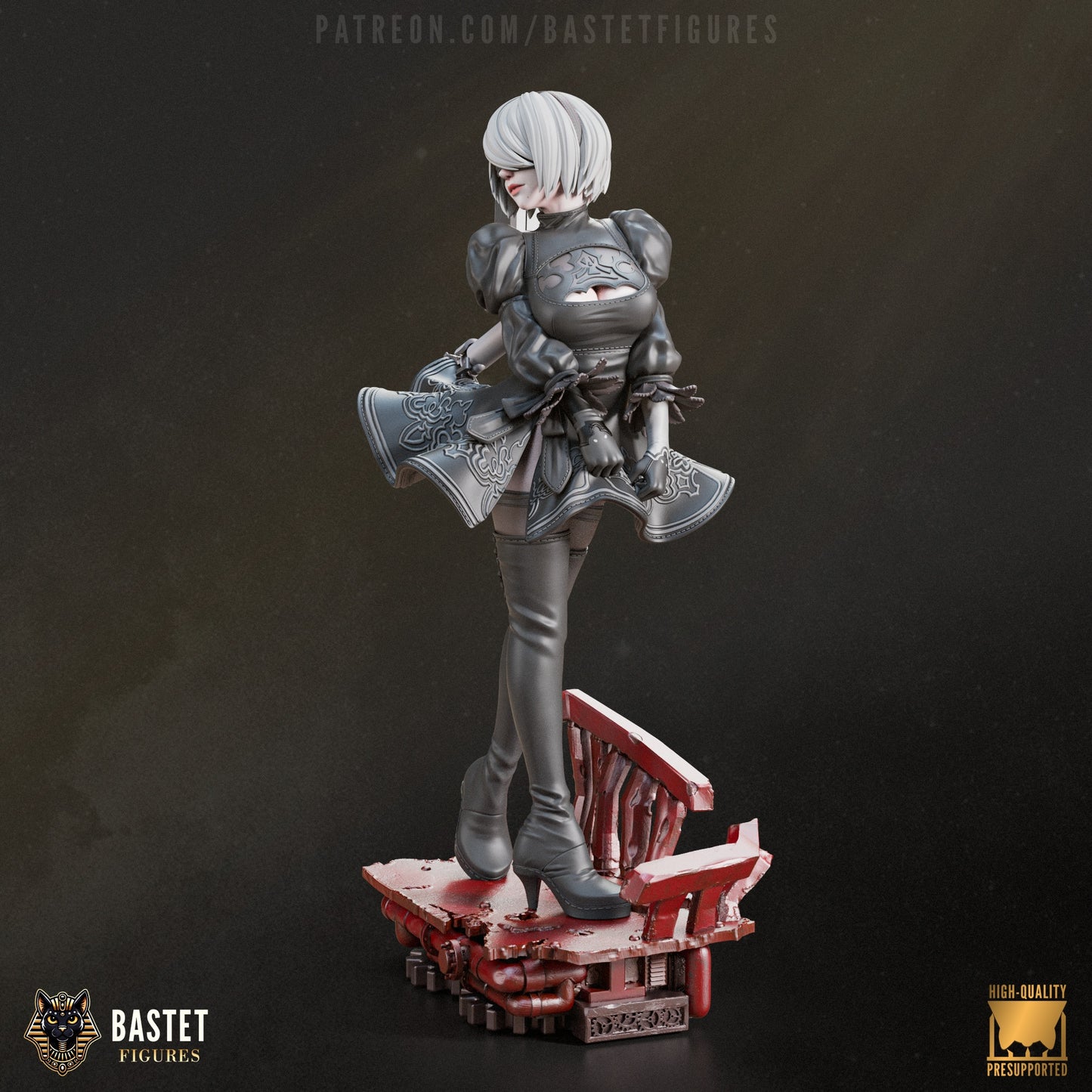 2B facing forward with arms crossed in front of skirt, showing her detailed bodice and eyemask, with support drone at her back.