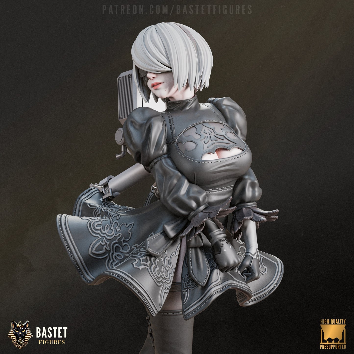Close-up of 2B’s front showing detailed bodice sculpt and facial expression with drone support unit.