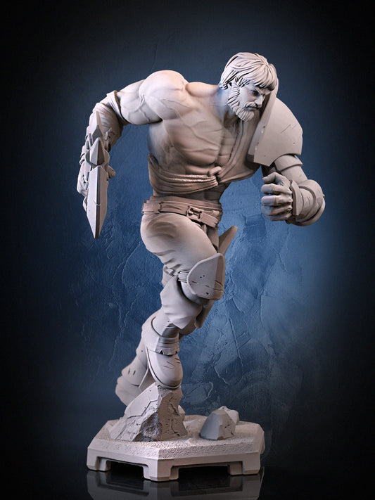 Perceval v2 fantasy knight miniature close-up showing muscular torso, asymmetrical armor, and clenched fist