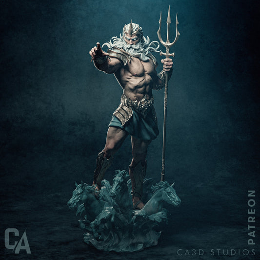 ull-body view of the Poseidon figurine, showcasing his trident, armored details, and a wave base featuring dynamic sea horses.