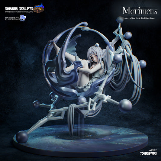 Main view of Faint seated within an elaborate Lovecraftian orb structure, her delicate form encased by swirling tendrils and spheres on a circular base.