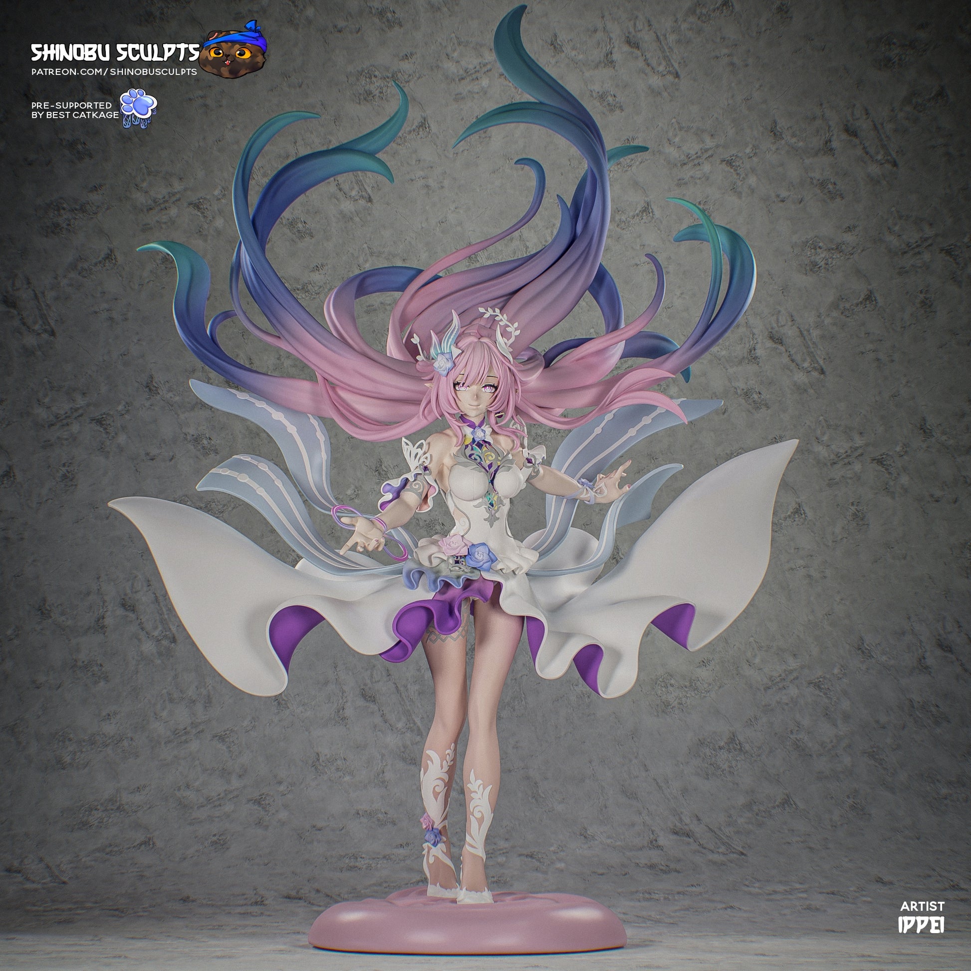 Cyrene Honkai Star Rail 1:8 scale figure painted front view featuring vibrant gradients, detailed outfit patterns, floral accessories, extended hair arcs, and elegant posed stance on base.