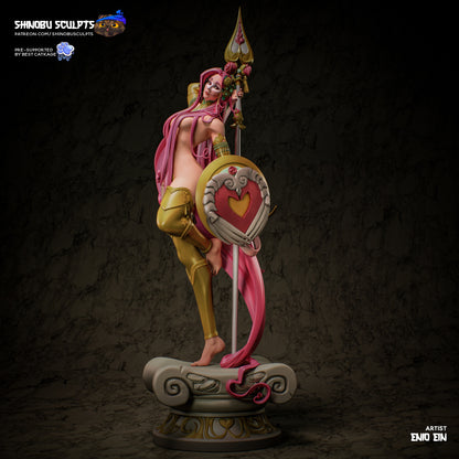 Fully painted Aphrodite statue with pink hair, golden armor, and decorative base.