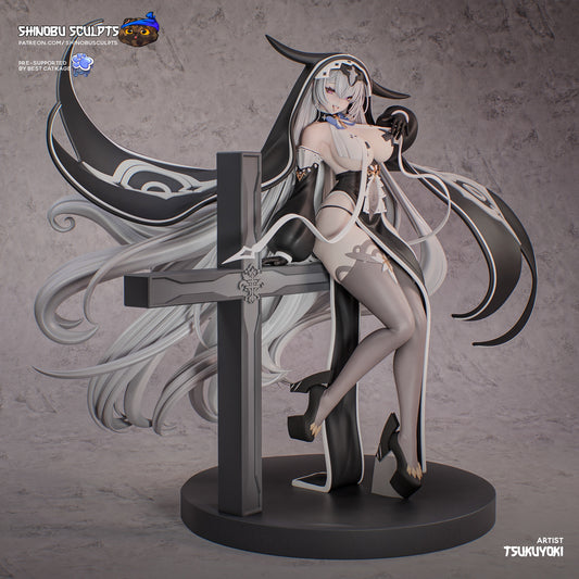 Duguay Trouin 1:8 scale figure from Azur Lane, posed elegantly with flowing hair, detailed outfit, and cross backdrop, designed by Tsukuyoki.