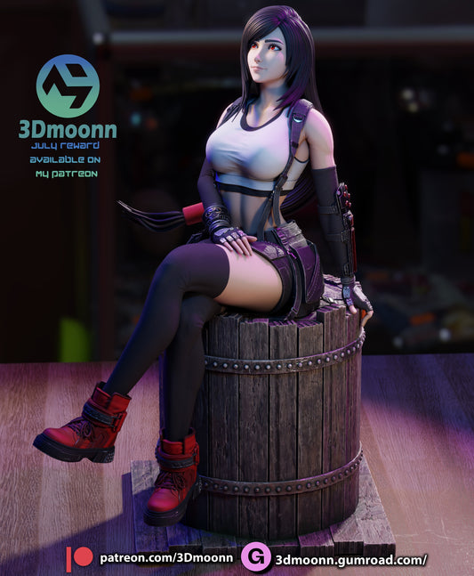 Tifa Lockhart figurine front-left view in SFW version, seated on a barrel, wearing crop top, gloves, thigh-highs, and mini skirt with red boots – Final Fantasy VII 1:6 scale.