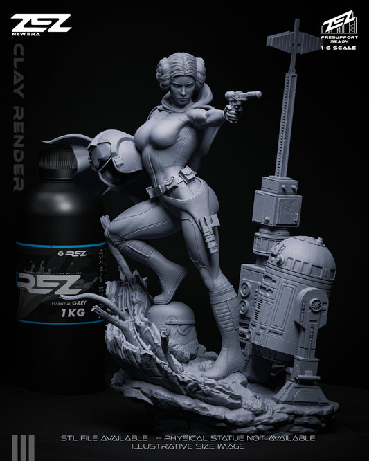 Front view of Princess Leia clay render in action pose, aiming blaster, rebel helmet in left hand, detailed suit and terrain base with sci-fi equipment