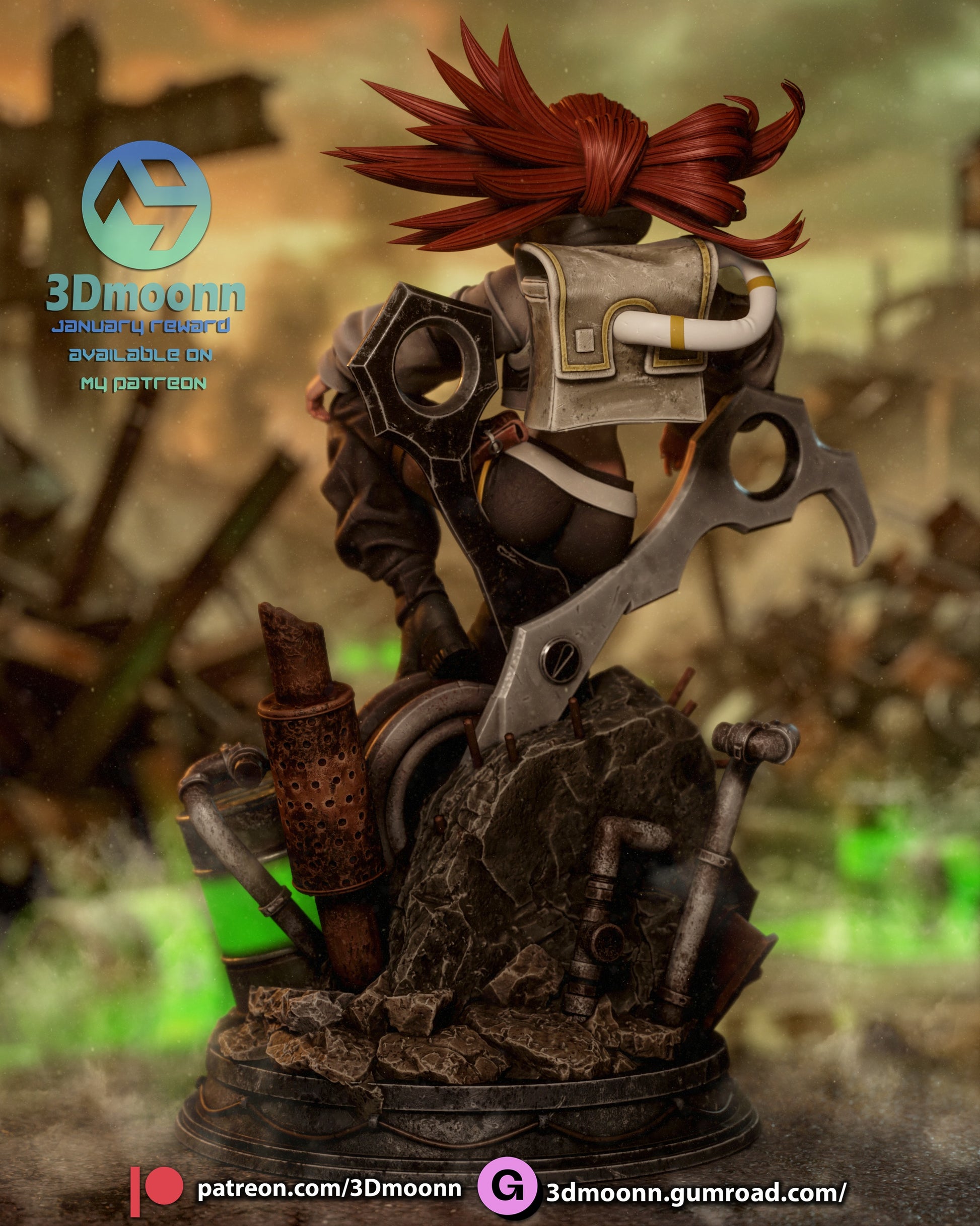 Riyo Reaper 1:6 scale figure rear view, spiked hair sculpt, cropped jacket back detail, utility belt, mechanical cleaver handle, ruined environment base