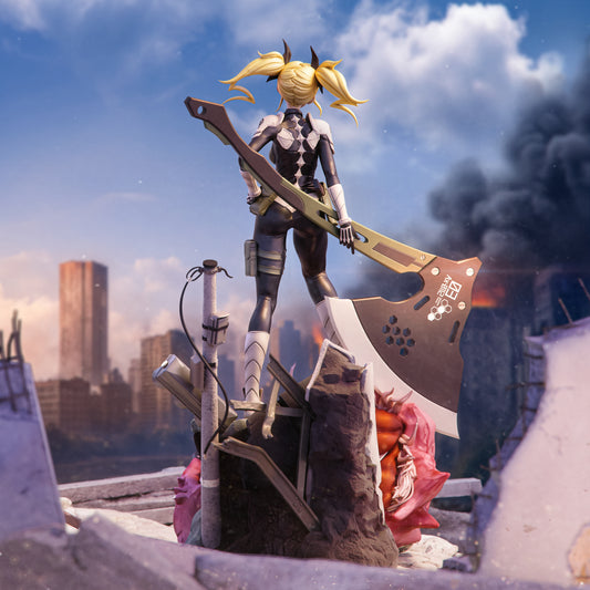 Rear view of Shinomiya Kikoru figure with pigtails and axe resting over shoulder, overlooking destroyed city ruins.