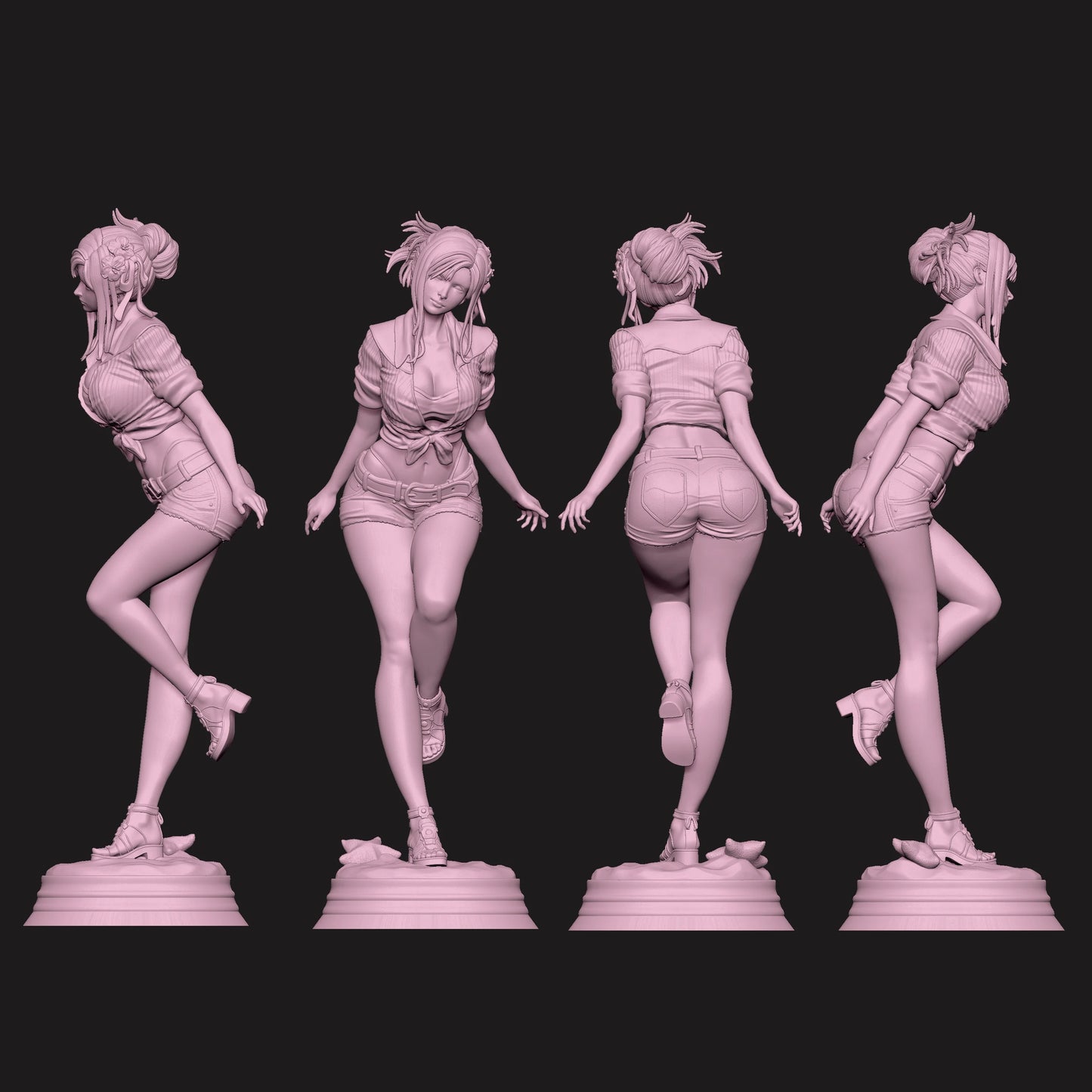 Tifa Lockhart – Summer Outfit: Detailed sculpt of Tifa wearing a tied shirt and shorts variant with hair accessories.