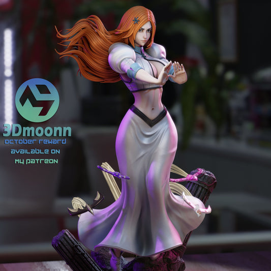Orihime Bleach 1:6 scale figurine colored render with orange hair and detailed outfit in floating pose