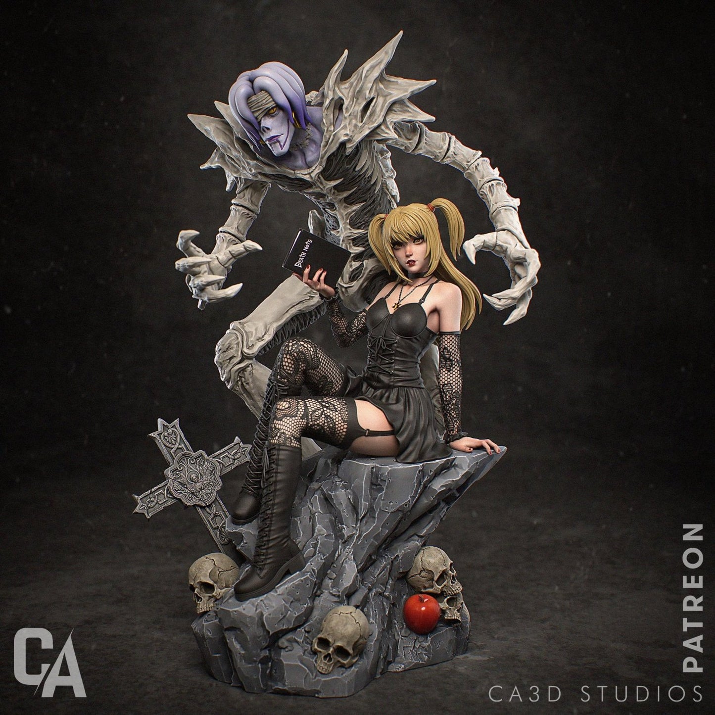 Figurine of Misa Amane sitting on a rock, holding a book, with Ryuk standing behind her.