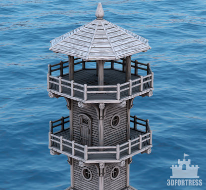 Close-up view of the upper levels of a wooden lighthouse with a conical roof and railing around the observation balconies, showcasing the intricate woodwork and details.