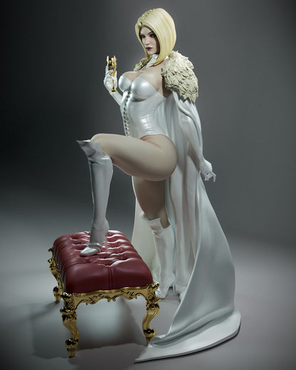 Emma Frost standing confidently with raised knee and stern gaze, wearing white outfit and cape, with golden goblet in hand.