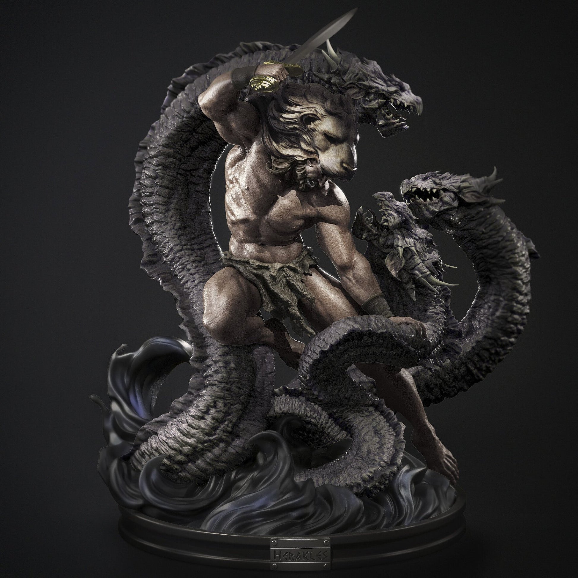 Full view of Hercules in combat with the Hydra, showcasing his muscular build, lion head, and dynamic pose against the serpent-like creature.