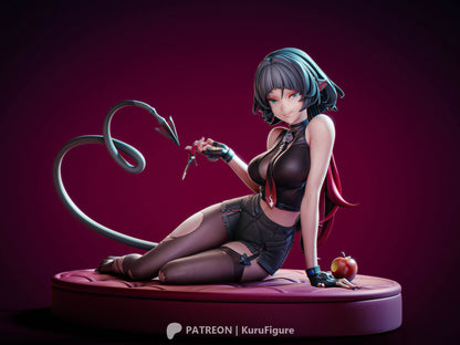 Jane Doe Zenless Zone Zero statue sitting on round cushioned base with long tail curved behind her holding knife in hand detailed outfit and hair 1:7 scale statue