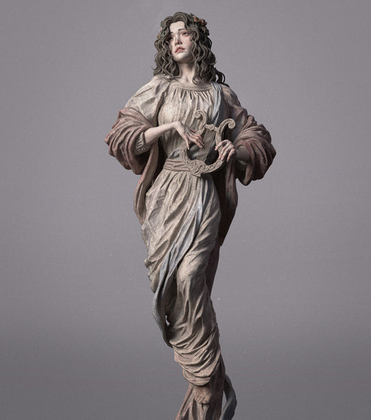 Full-body view of Greek muse statue in draped robes, one foot raised, holding a lyre, perfect for painting or display.