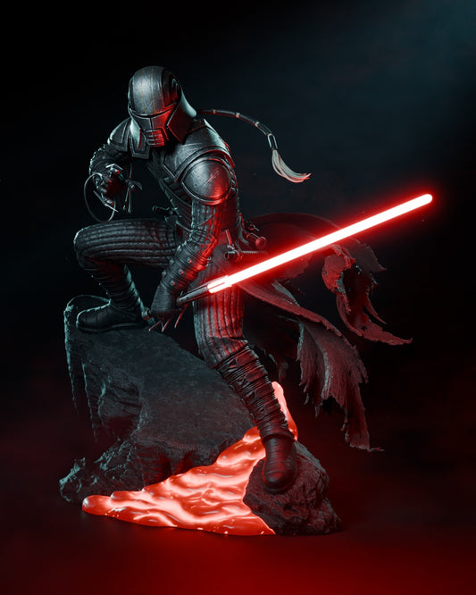 Starkiller statue with glowing red lightsaber posed on molten lava base, Star Wars dark side collectible