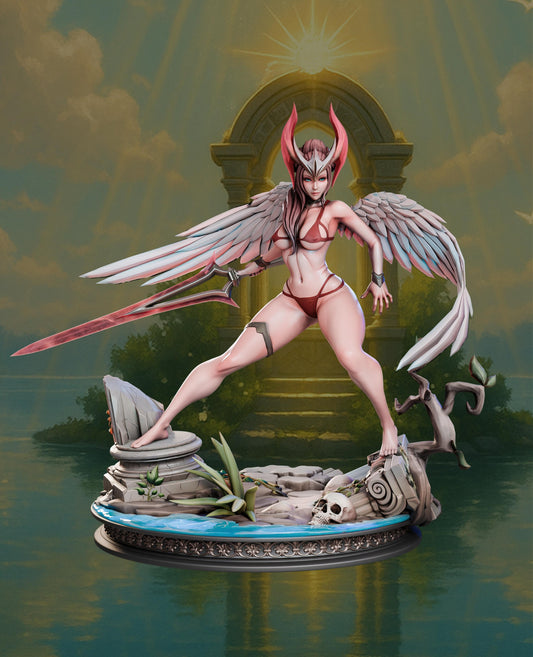 Kaelyn Radiantheart full figure with sword drawn and wings extended, red armored variant for fantasy tabletop games like DnD.