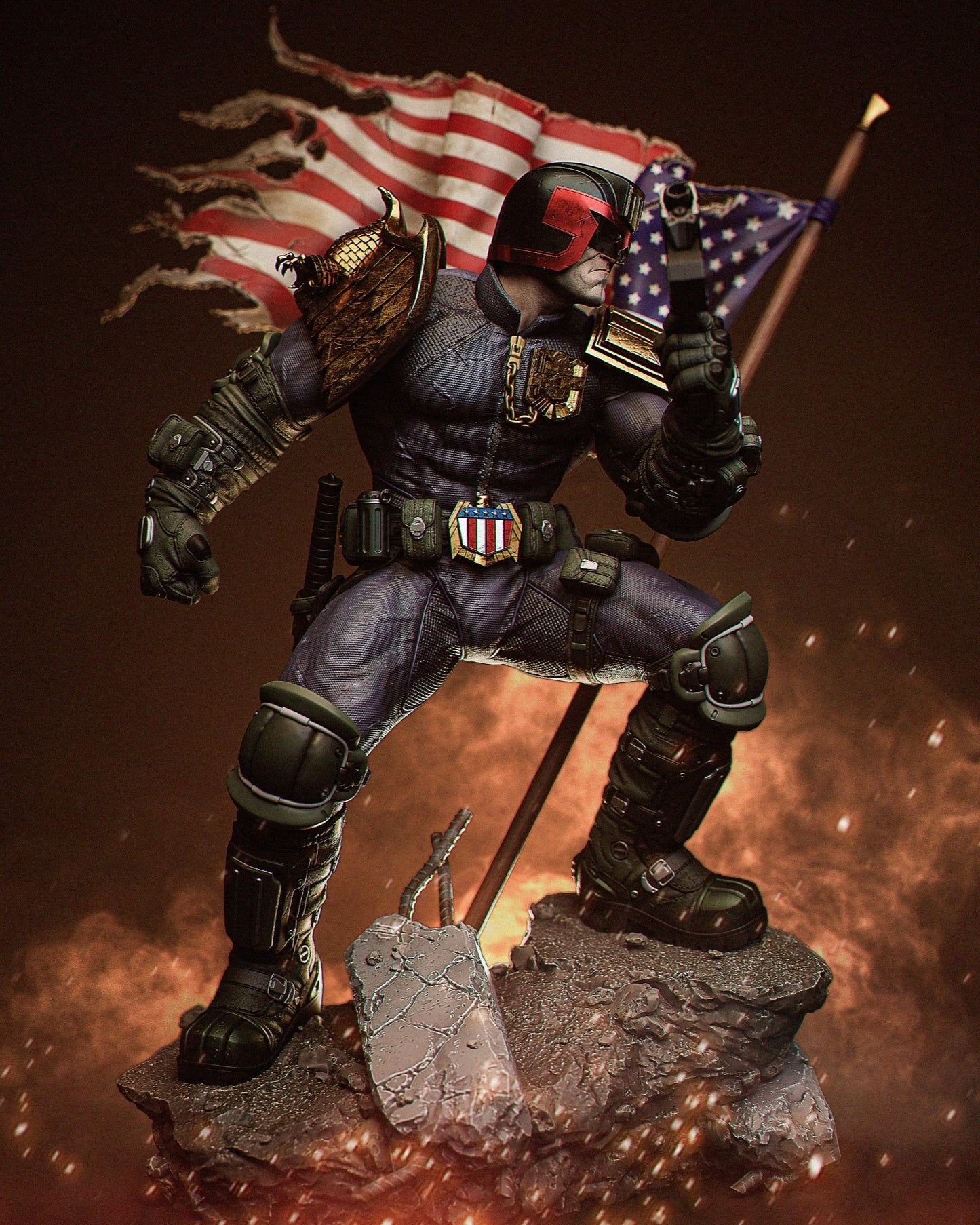 Left side pose of Judge Dredd with gun aimed, detailed eagle shoulder pad and badge, flags flowing in the background.