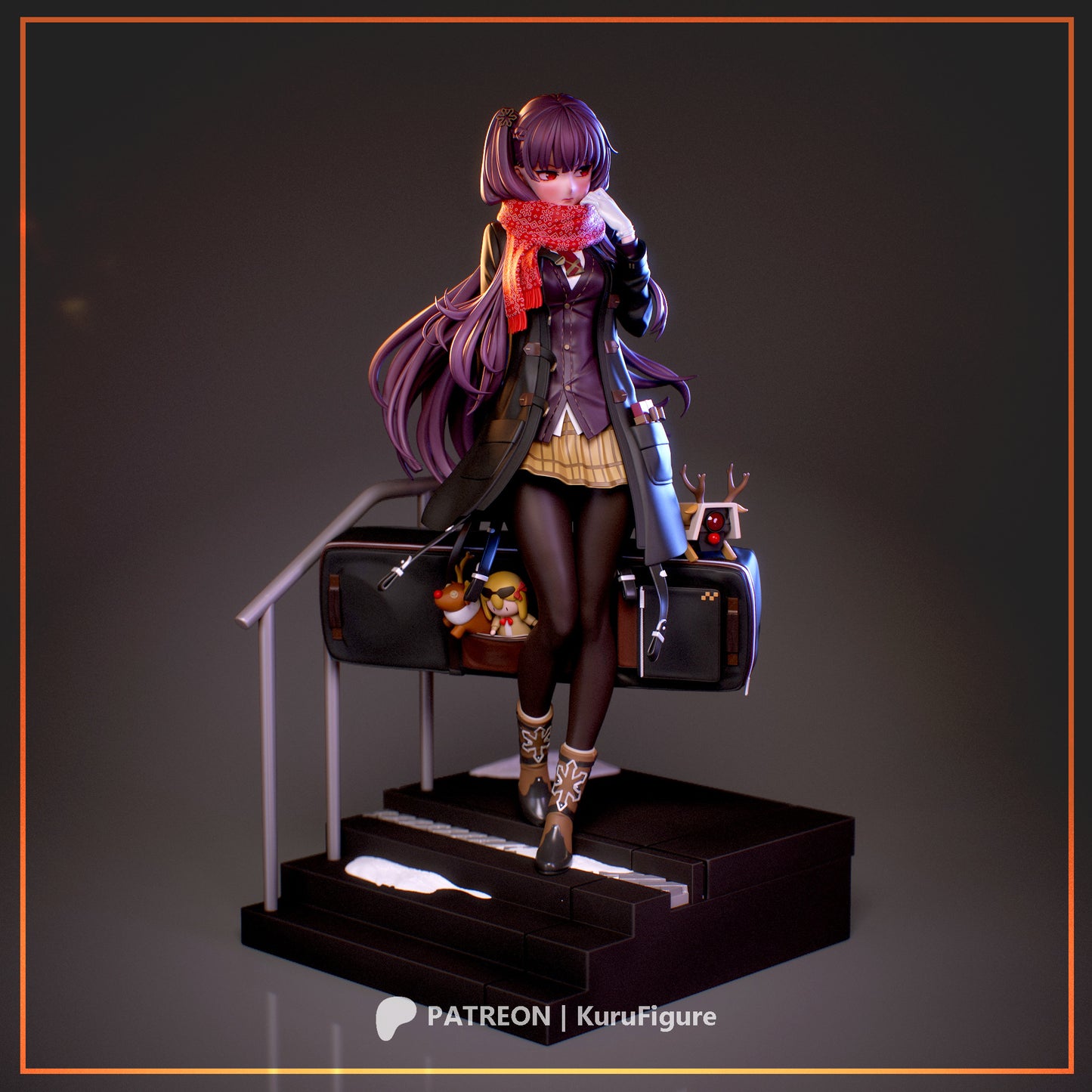 WA2000 Girls’ Frontline 1:7 scale figure standing on snowy staircase base with long purple hair, winter coat, scarf, tights, boots, luggage, and accessories, anime collectible statue.