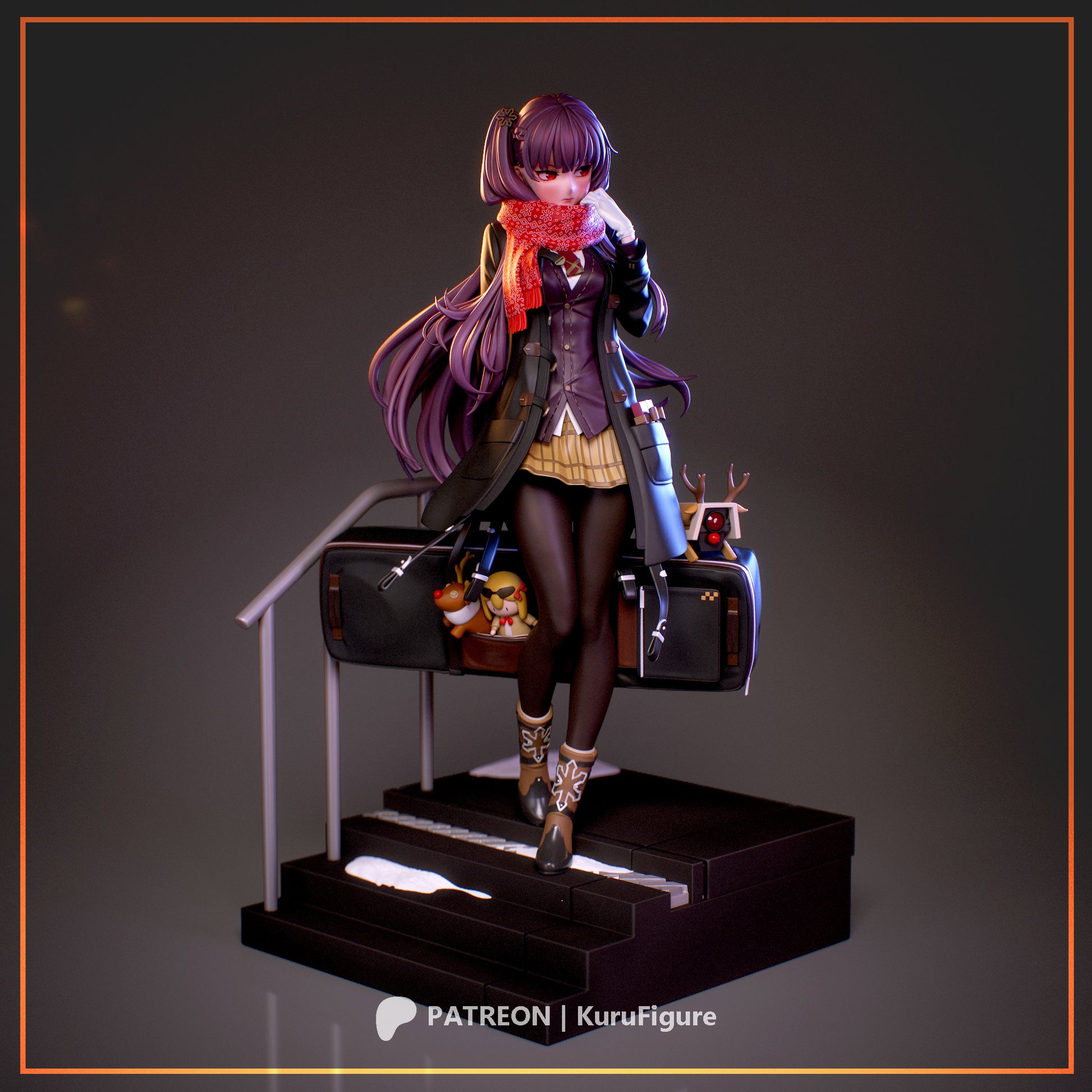 WA2000 Girls’ Frontline 1:7 scale figure standing on snowy staircase base with long purple hair, winter coat, scarf, tights, boots, luggage, and accessories, anime collectible statue.