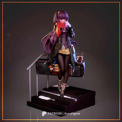 WA2000 Girls’ Frontline 1:7 scale figure standing on snowy staircase base with long purple hair, winter coat, scarf, tights, boots, luggage, and accessories, anime collectible statue.