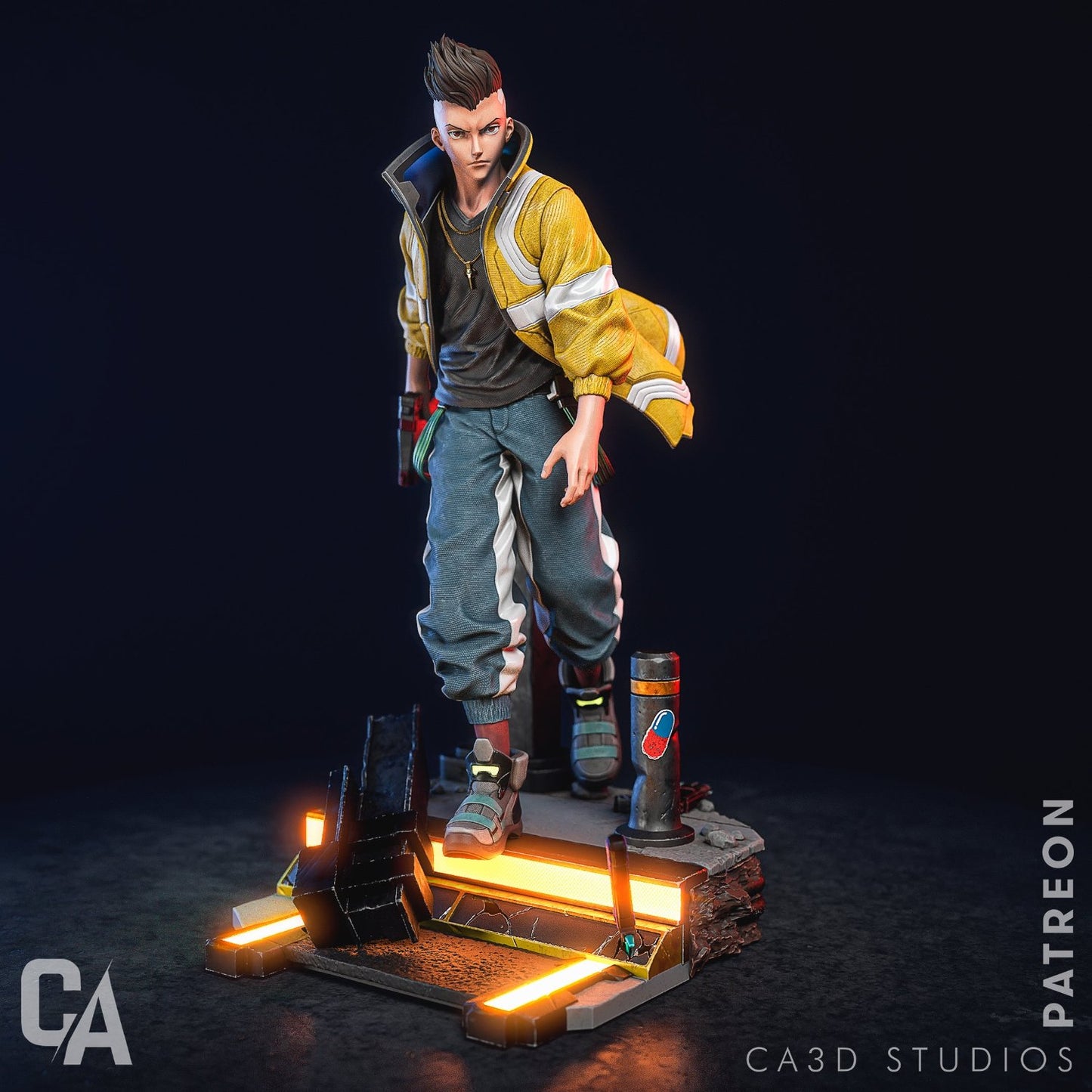 Front view of David Martinez figurine with intense gaze, wearing a yellow jacket and futuristic accessories.