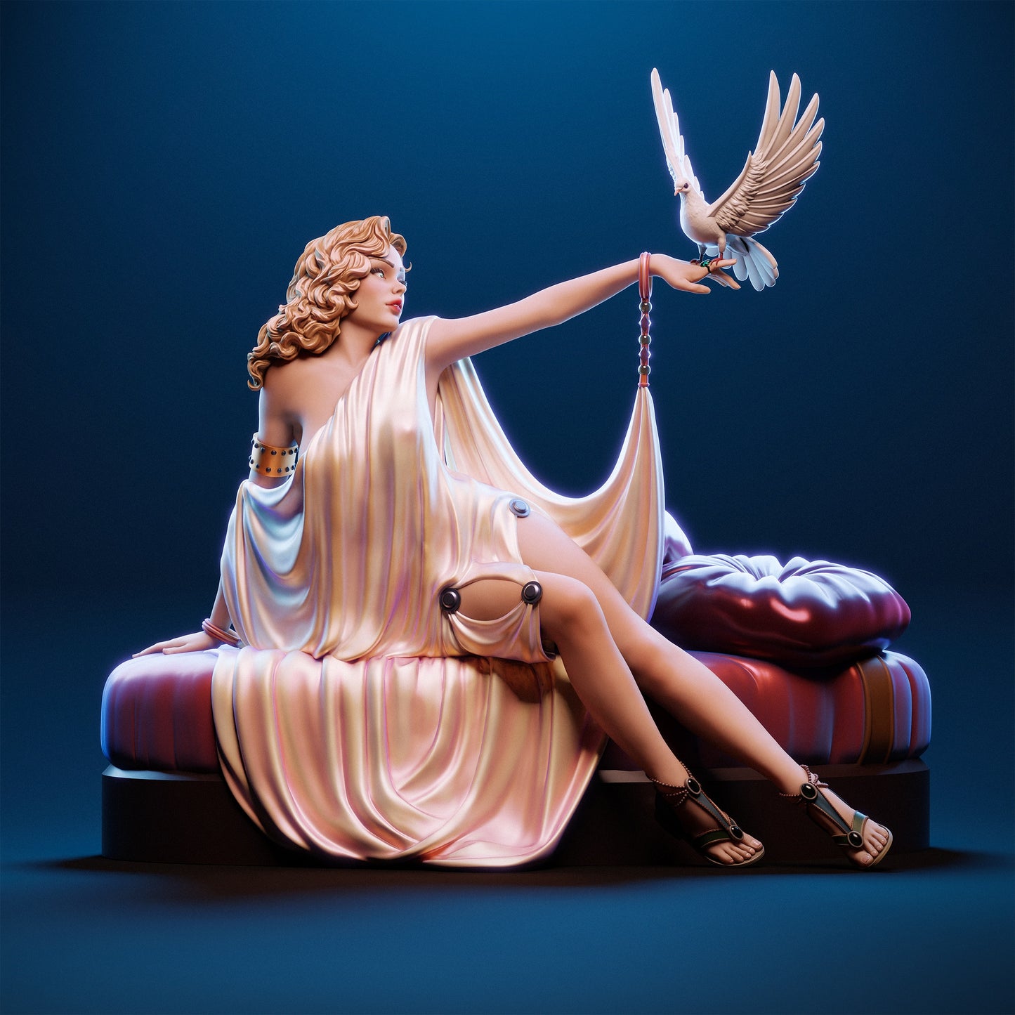 pin-up girl figurine with dove perched on hand, lounging on plush round seat