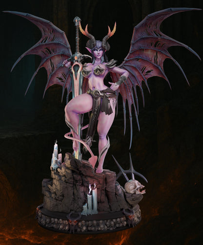 Full-body view of Nyx Flame in armored form with wings spread and a sword behind her on a rocky base with candles and skulls.