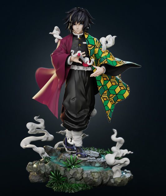 Tomioka Giyu Demon Slayer 1:7 scale full-body statue posed on detailed rocky water base with swirling mist effects.