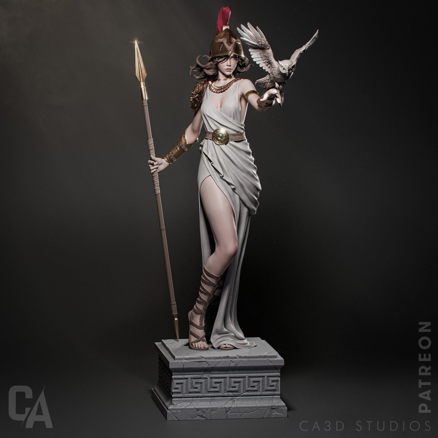 Full-figure view of Athena standing on a Grecian pedestal with her spear and owl companion.