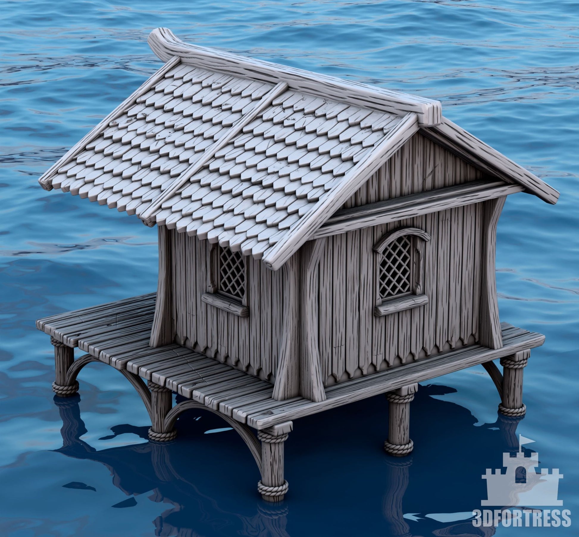 A side view of a small medieval coastal house with a slanted roof, showcasing wooden beams and detailed textures for tabletop gaming.