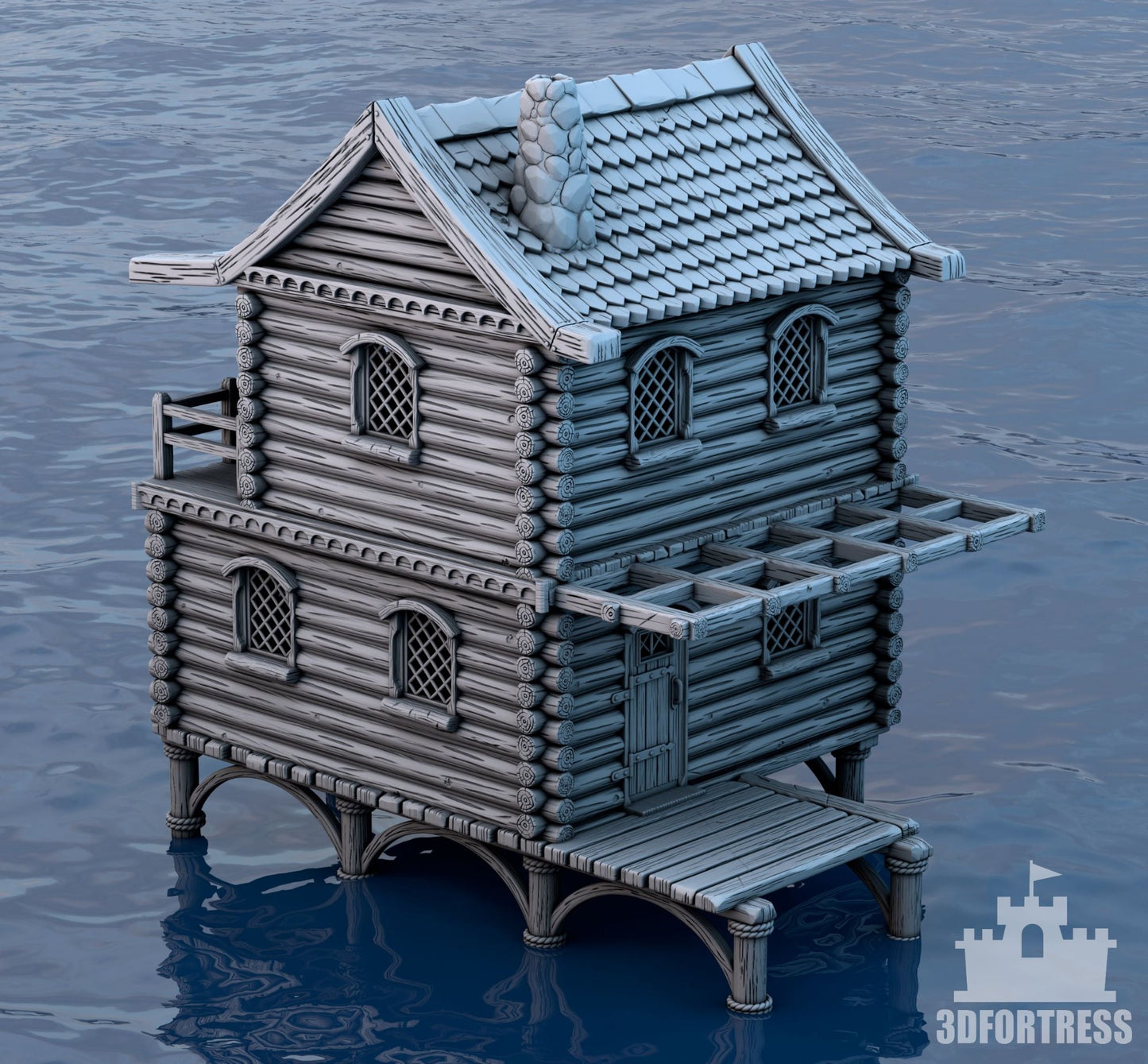 Angled view of the medieval coastal house miniature, showcasing the wooden deck and detailed chimney on the second floor.