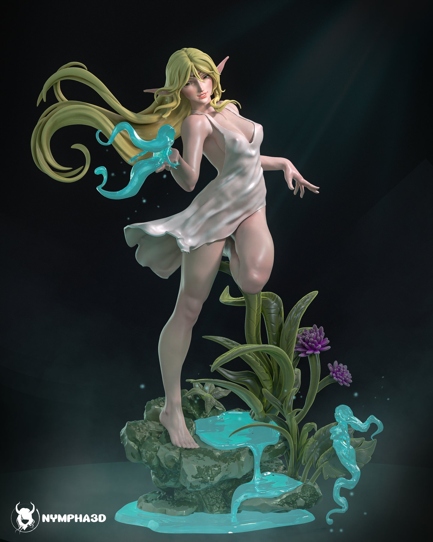 Deedlit NSFW collectible statue alternate angle showing anatomy sculpt, hair flow, base details, and magical elements
