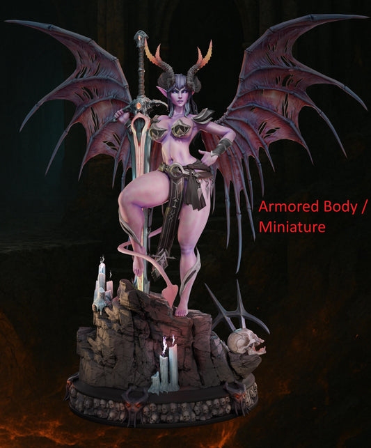 Full-body view of Nyx Flame in armored form with wings spread and a sword behind her on a rocky base with candles and skulls.