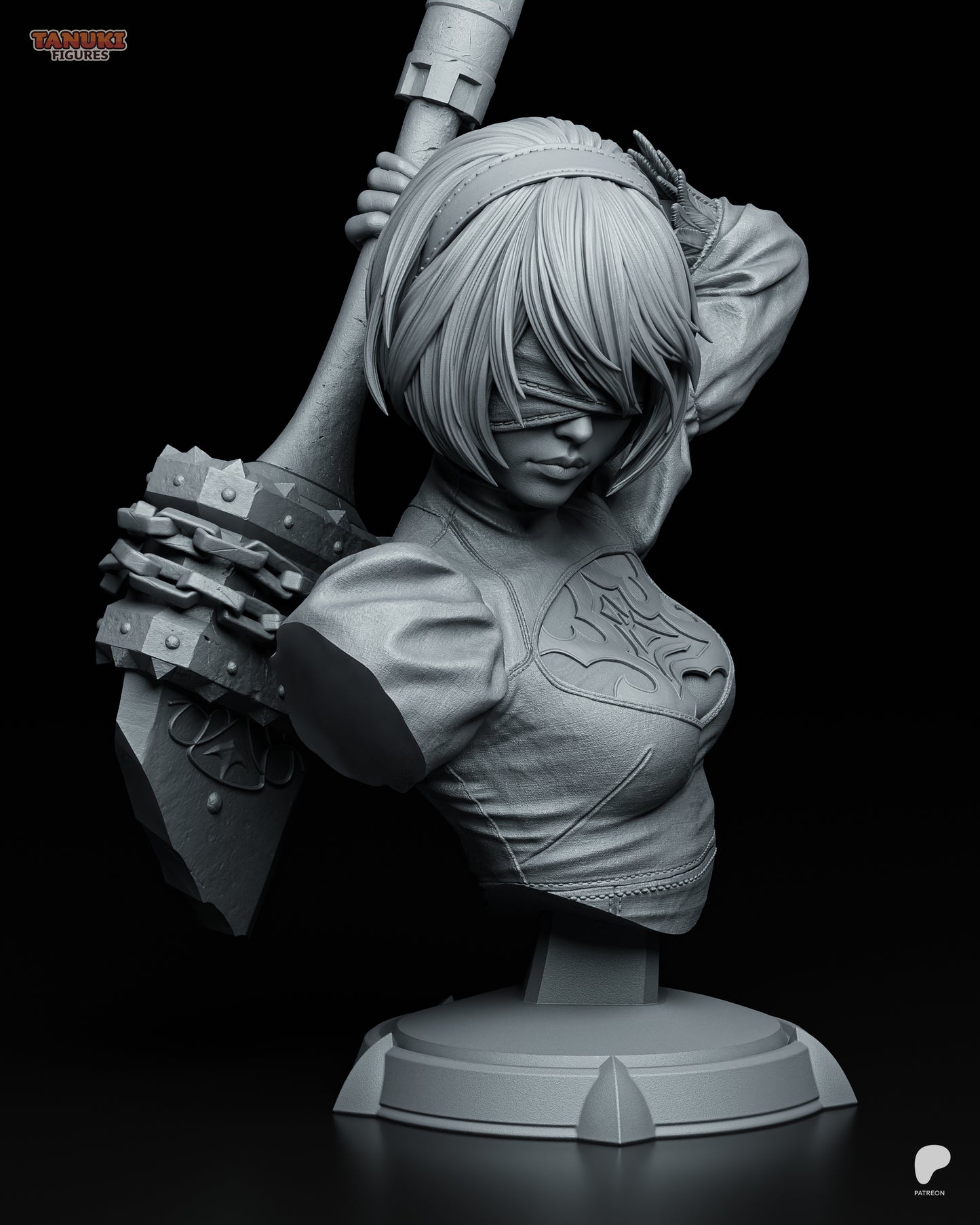 Alternate angle of the same unpainted 2B bust showing the texture and sculpting work on the sleeve, armor, and face.