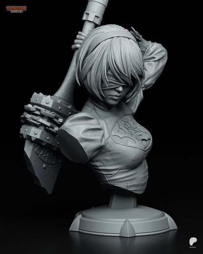 Alternate angle of the same unpainted 2B bust showing the texture and sculpting work on the sleeve, armor, and face.