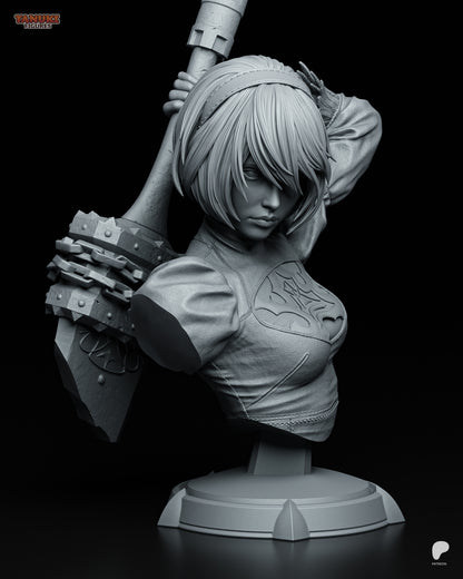 Unpainted bust of 2B from NieR: Automata, with a large greatsword slung over her shoulder and intricate detailing on her clothing and hair.
